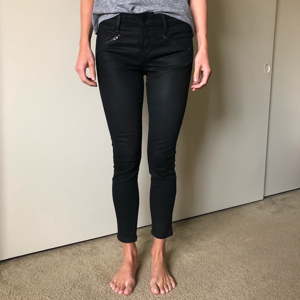 Joe’s coated black denim skinny ankle jeans
